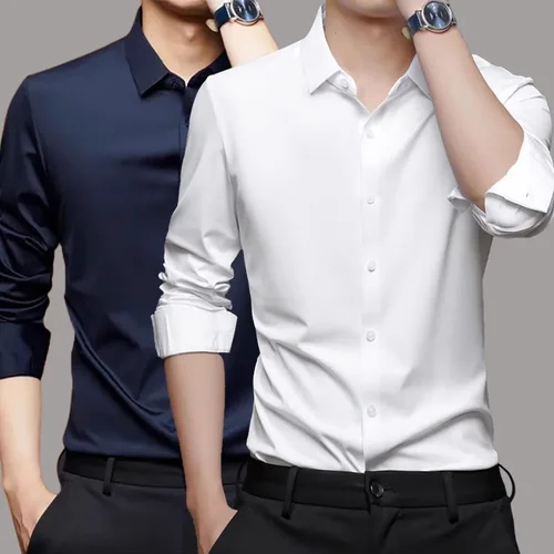 Imagen 1 del producto Camisa de hombre de alta elasticidad sin costuras de primavera y verano, camisa informal de negocios de manga larga sin arrugas, camisa suave y sedosa para hombre