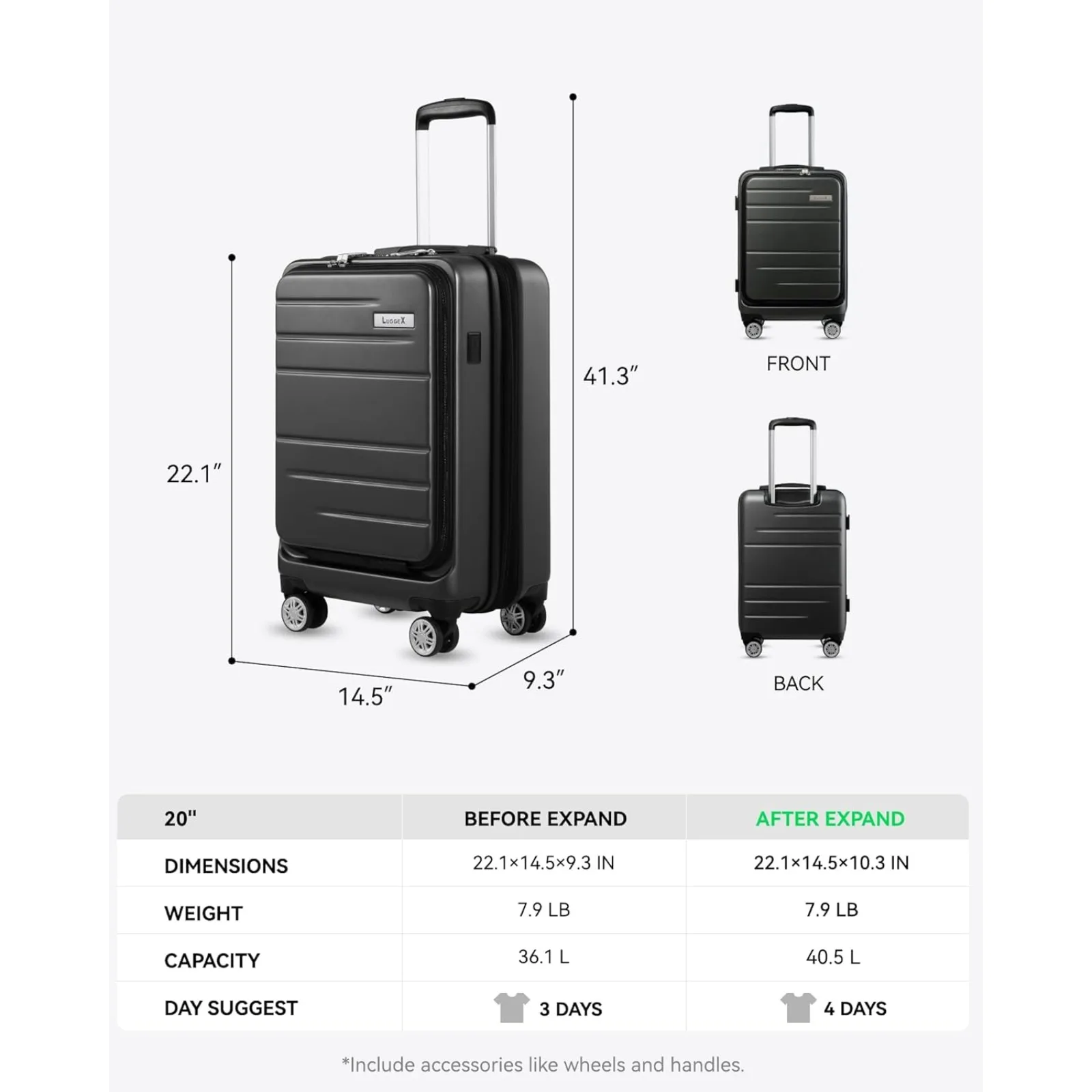 LUGGEX-Valise de cabine en polycarbonate extensible avec poche avant, noir, approuvé par la compagnie aérienne, 22x14x9, 20 po, 36,1 L