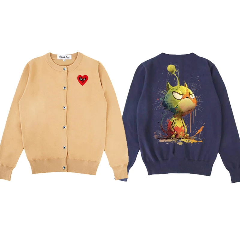 

Angry Cat Cute Colorful Printing Women Cardigan Cotton Cute Red Glasses Heart Embroidery O-Neck Single Breasted Autumn Sweater