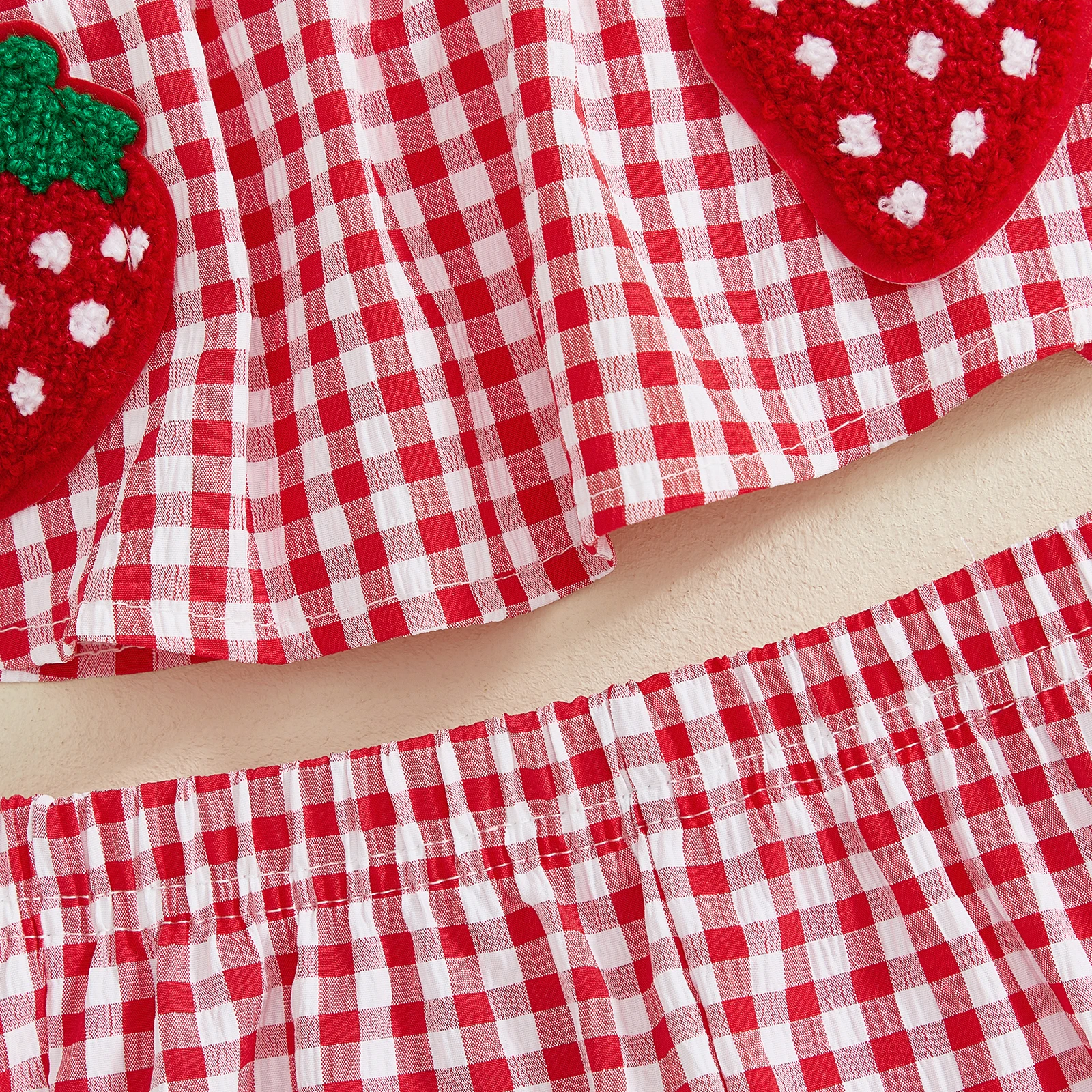 Toddler Baby Girl Summer Outfit Strawberry Embroidered Plaid Bows Ruffled Trim Tank Tops and Shorts 2 Pcs Set