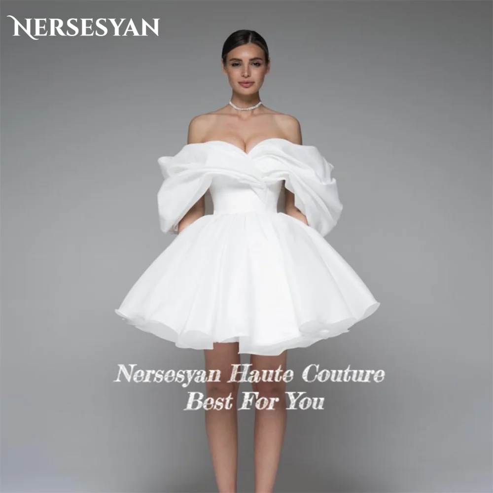 Nersesyan Solid Satin Mini Wedding Dresses A-Line Backless Ruched Off Shoulder Bridal Gowns Short Sleeves Bride Dress Plus Size