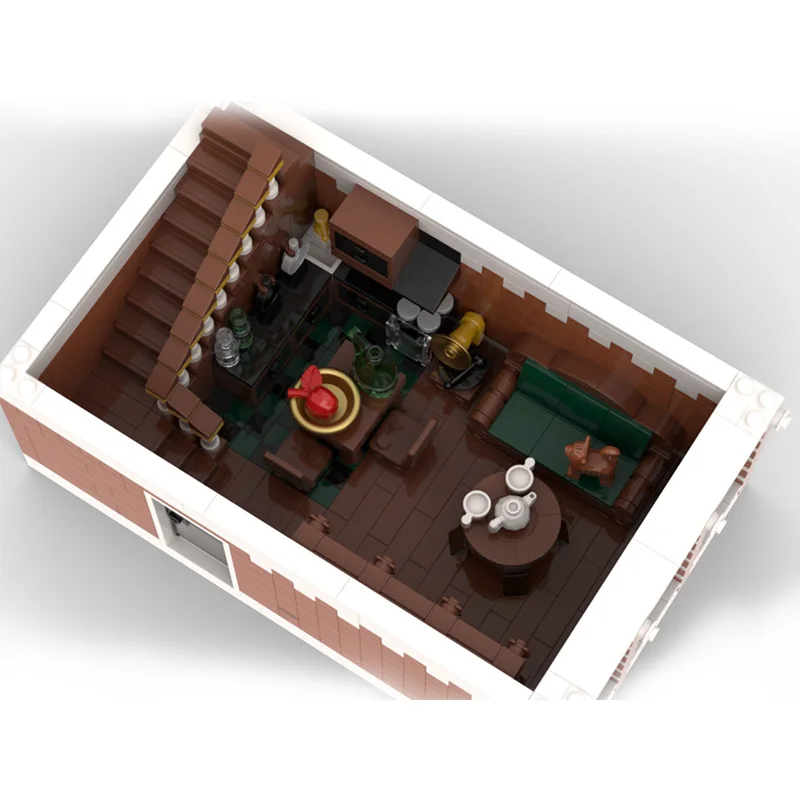 Cidade rua vista modelo moc tijolos de construção mercadorias loja e padaria tecnologia modular presentes feriado montar crianças brinquedos terno