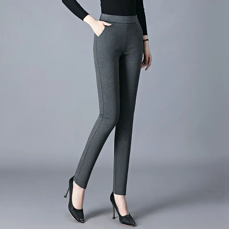 กางเกงขายาวทรงตรงเอวสูงผ้ายืดสำหรับผู้หญิง สไตล์ลำลอง เหมาะกับฤดูใบไม้ผลิและฤดูใบไม้ร่วง ช่วยให้ดูขาเรียวสวย