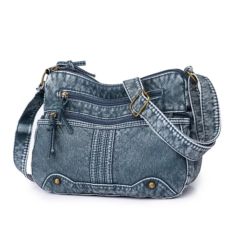 Multifunctional Solid Color Zipper Denim Crossbody Bag 2024 High Quality Sewing Thread Large Capacity Shoulder Bag for Women