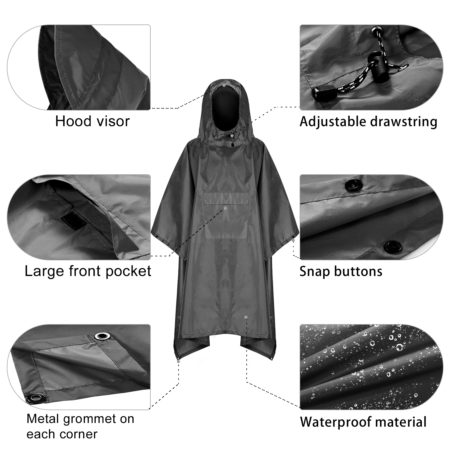 Camping Outdoor TOMSHOO Hooded Rain Poncho with Pocket Lightweight Waterproof Rain Coat Jacket Sun Shelter for Men Women Hiking