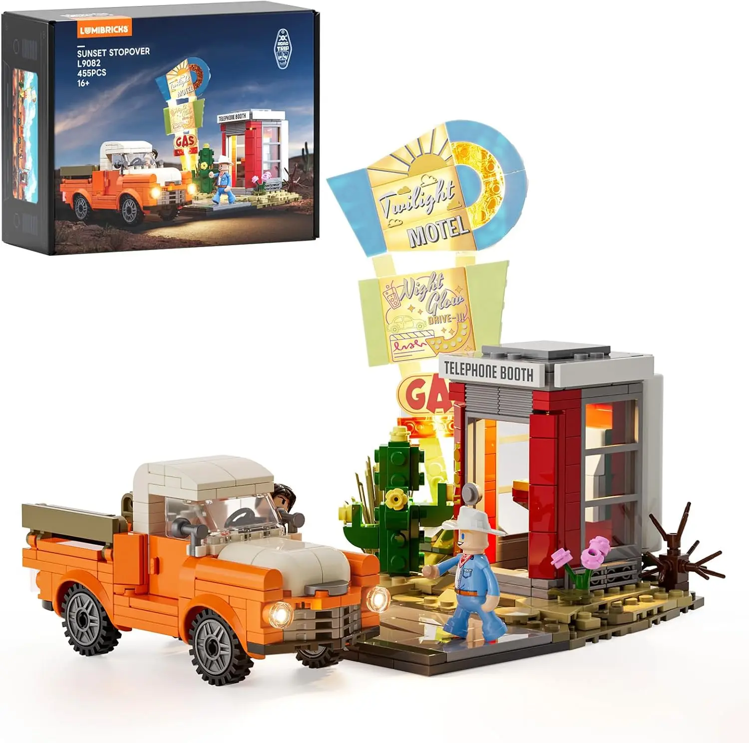 

City Sunset-Stopover Lighting-Building-Bricks Set - Road Trip Car Station Modular Collection LED Light Building Set 455 Pcs