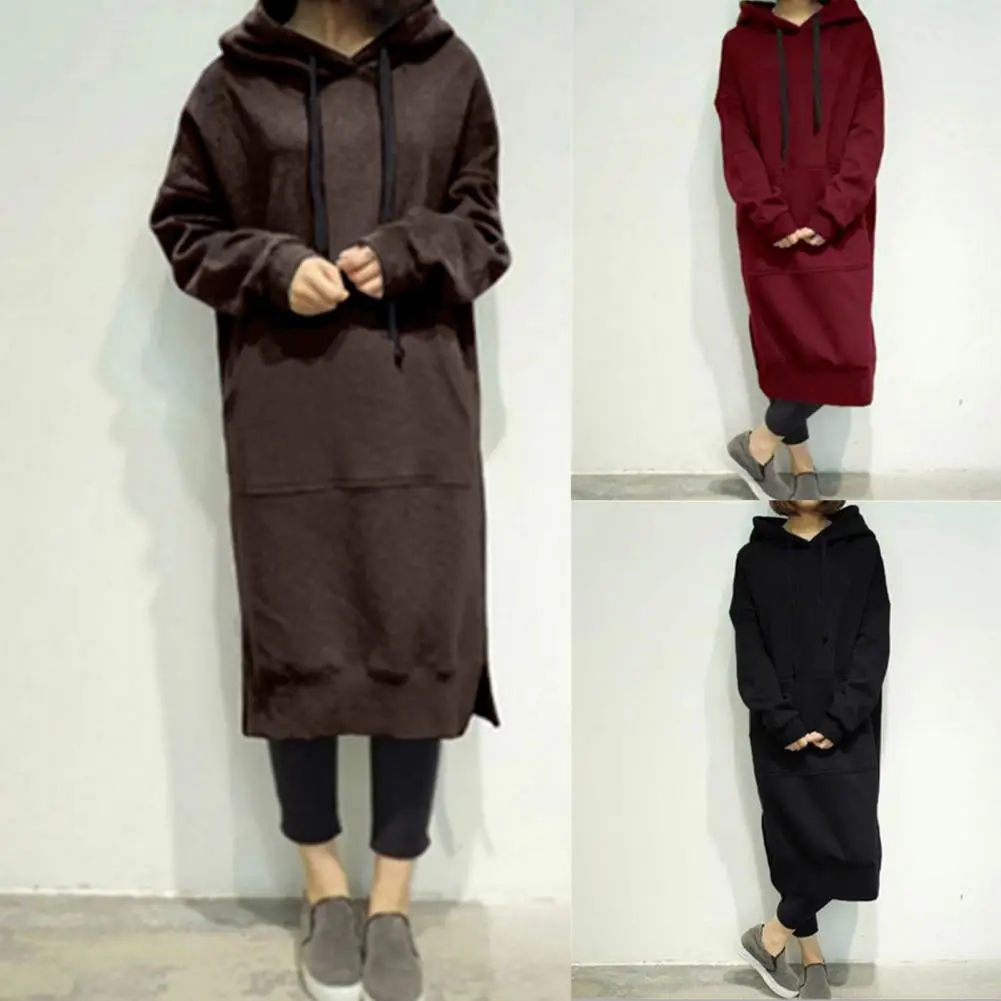 Hoodie Dress Patch Pocket Split Hem Solid Color Pullover Long Dress Casual Wear Winter Warm Drawstring Hooded Sweatshirt Women C