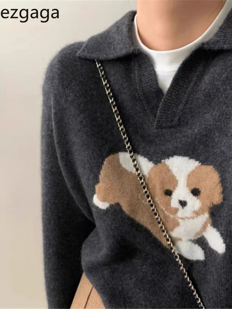 

Ezgaga вязаный свитер женский с отложным воротником с рисунком собаки осень-зима свободный пуловер женский милый модный повседневный джемпер