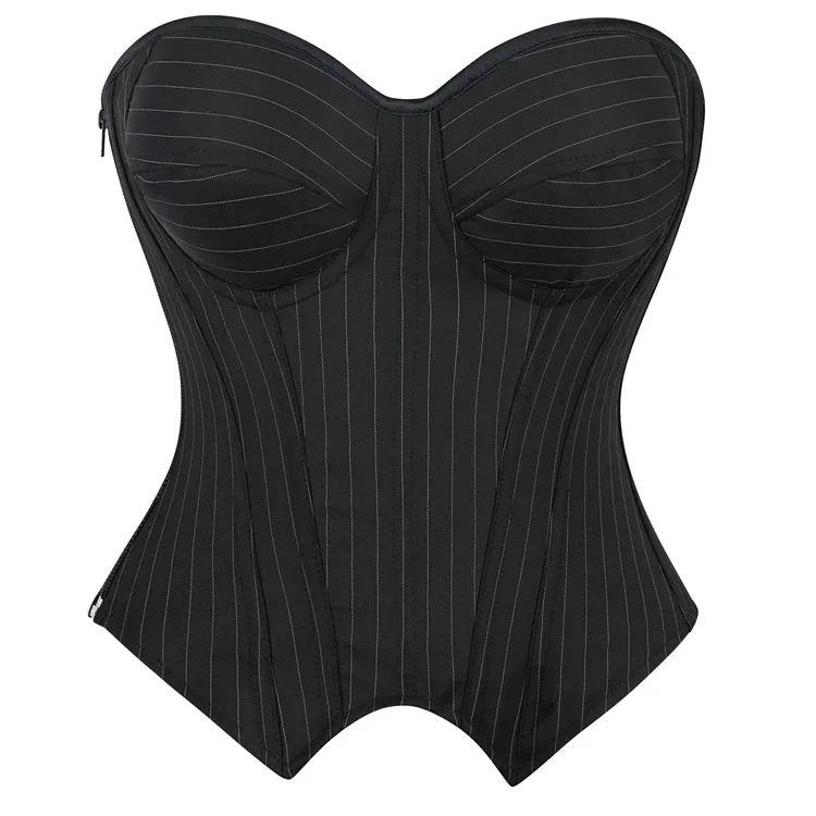 Women Sexy Strapless Office Style Corset Fashion Black Striped Overbust Corset Lady Simple Elegant Corset Lace-Up Zip Bustier