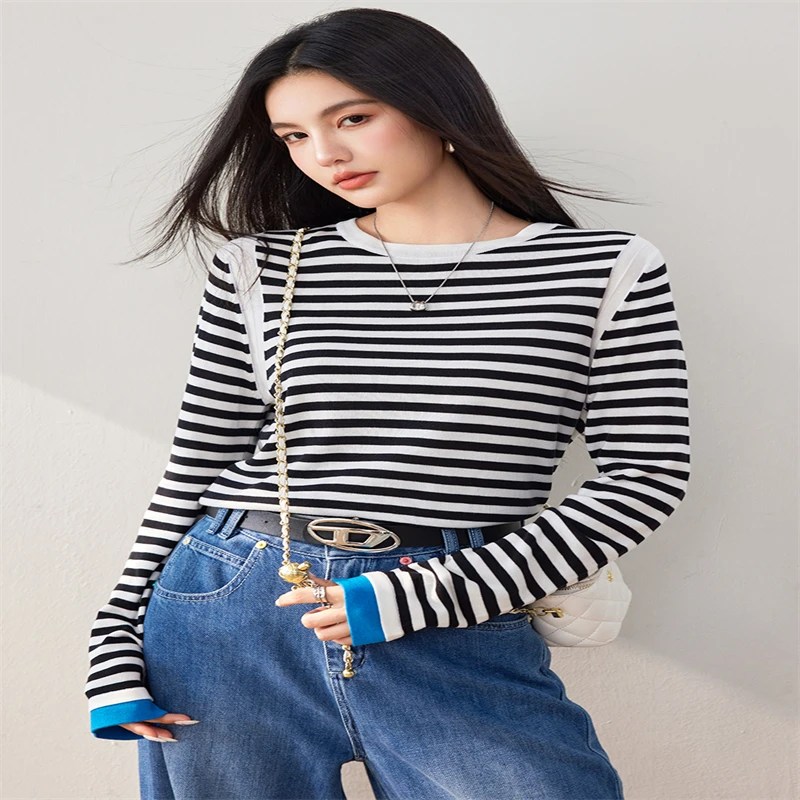 Vimly Women's Striped Long Sleeve Knitted Top 2024 Spring New O-neck Loose Lyocell Knit Pullovers Soft Female Knitwear 72911