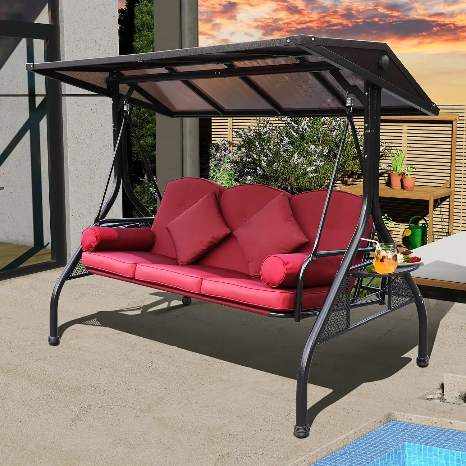 Hardtop Patio Swing Convertible Backrest Side Tables Outdoor 3 Seater, Customized