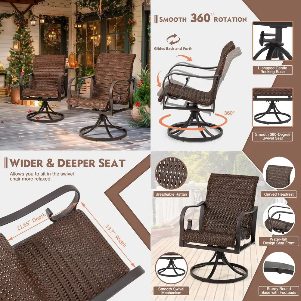 

Patio Swivel Chairs Set of 2 - Heavy Duty Outdoor Dining Chairs with High Back and Extra-Large Waterfall Seat, Rattan Weave