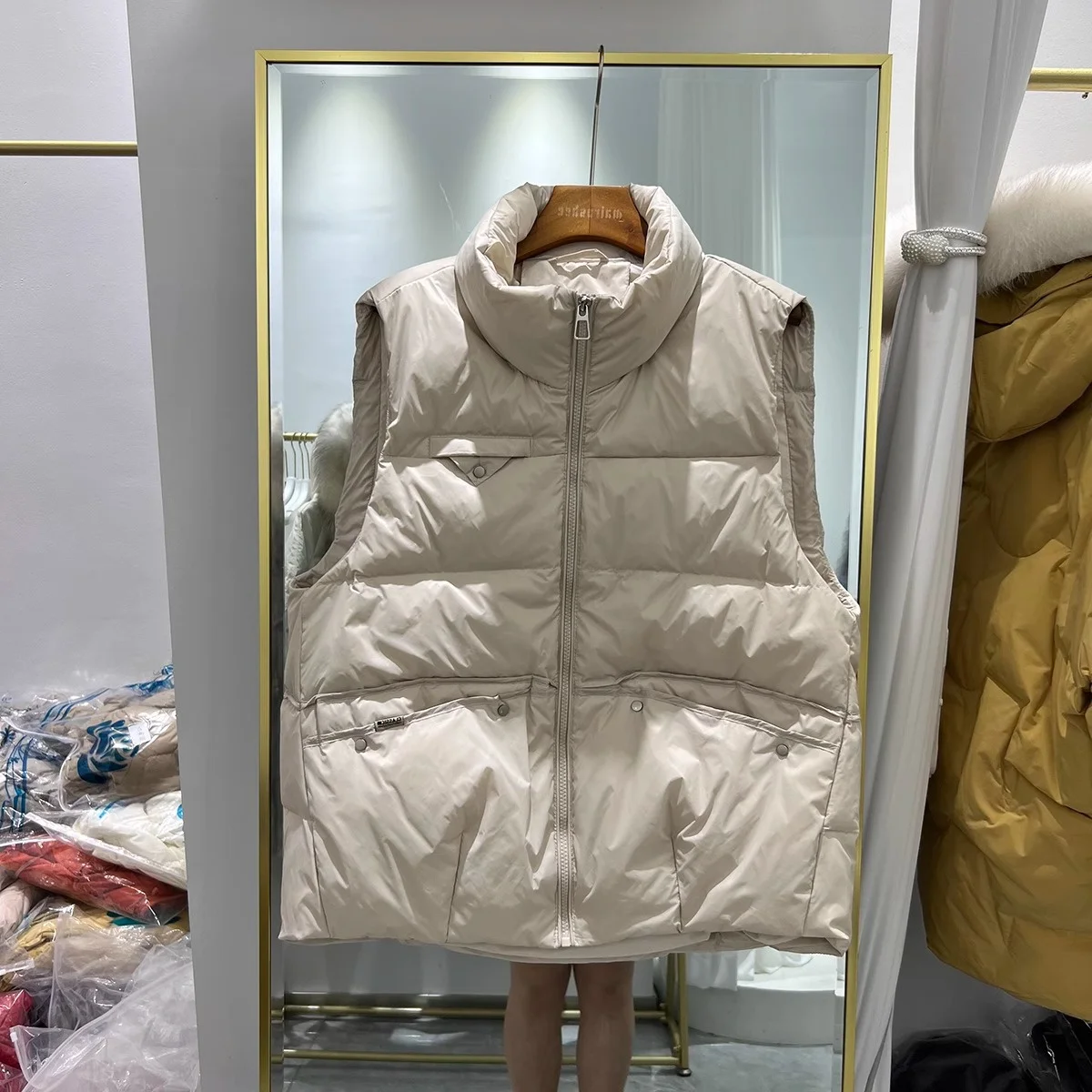 Chaleco de cuello alto de marca de moda para mujer, talla grande, para 300 libras, estilo holgado, para invierno, ropa de trabajo, prenda exterior