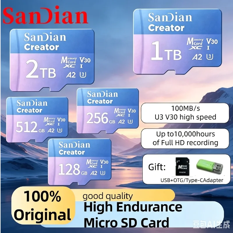 Micro TF SDXC High Speed Card V30 A2 Max 190Mb/s 128GB‑1TB Memory Card for Home Monitoring Dash Cam 4K Drone
