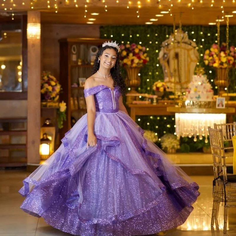 

Shiny lavender purple Quinceanera Dress golden glitter Lace layering Decal Long tail Vestidos De 15 Quinceanera ﻿Customize
