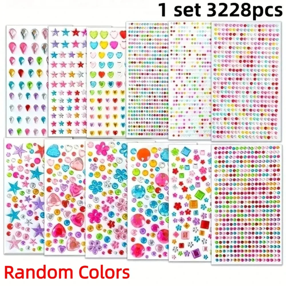 12 Sheets with Adhesive Backing Bedazzling Sticker Random Color Acrylic Face Eye Jewels Sticker DIY Y2K Crystal Gem Sticker