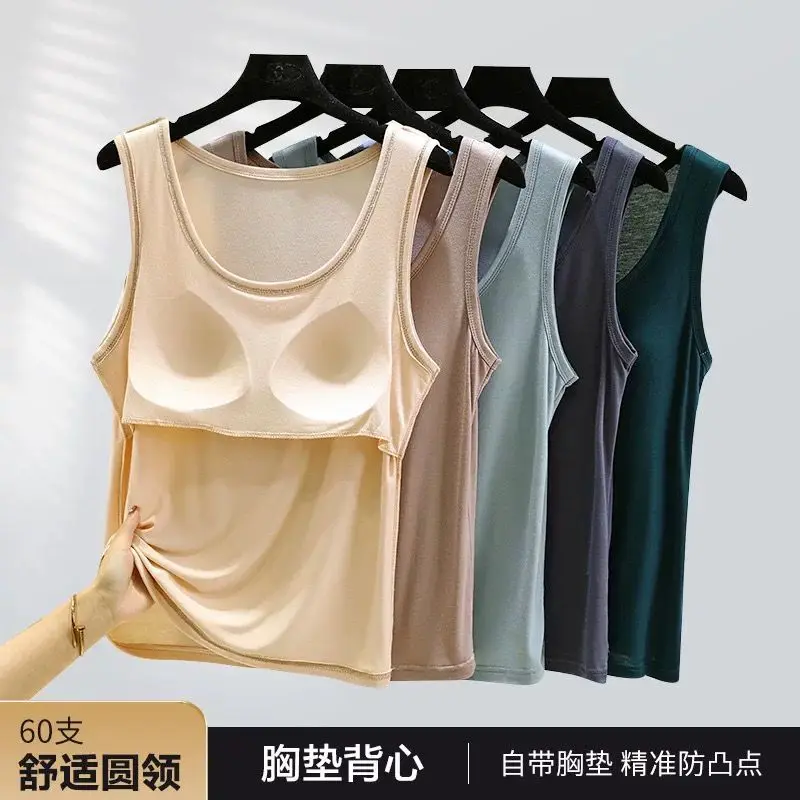 Vest Women Thin With Chest Pad Summer Outer Wear Modal Inner wear round Neck Bottoming Shirt Plus size Solid Sleeveless Top