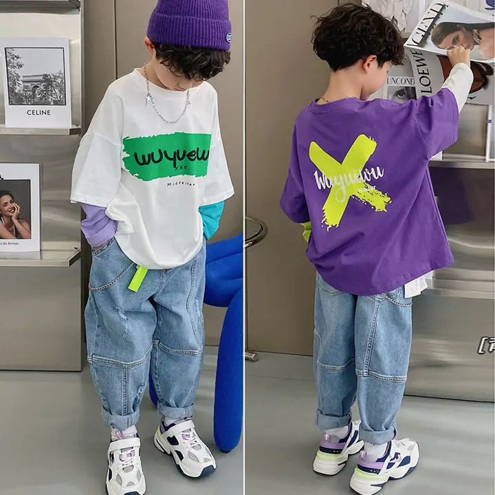 

Boys' Long-sleeved T-shirt 2022 Spring New Fake Two-piece Bottoming Shirt In The Big Boy's Top Foreign Style T-shirt kids cloth