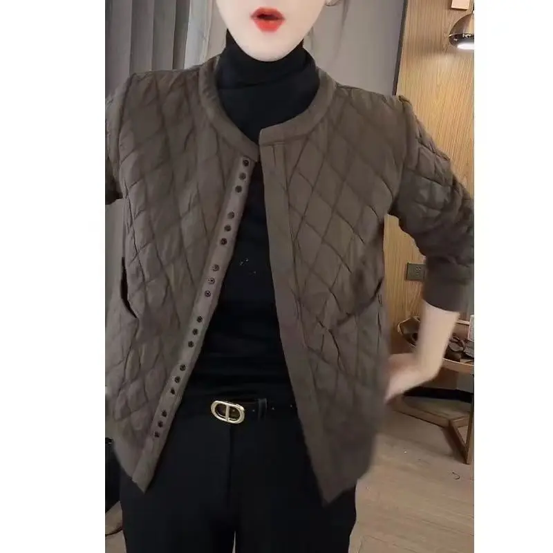 High-end Lightweight Diamond-Patterned Cotton Jacket For Women Autumn/Winter New Loose-Fitting Fashion Snap Button Short Coat