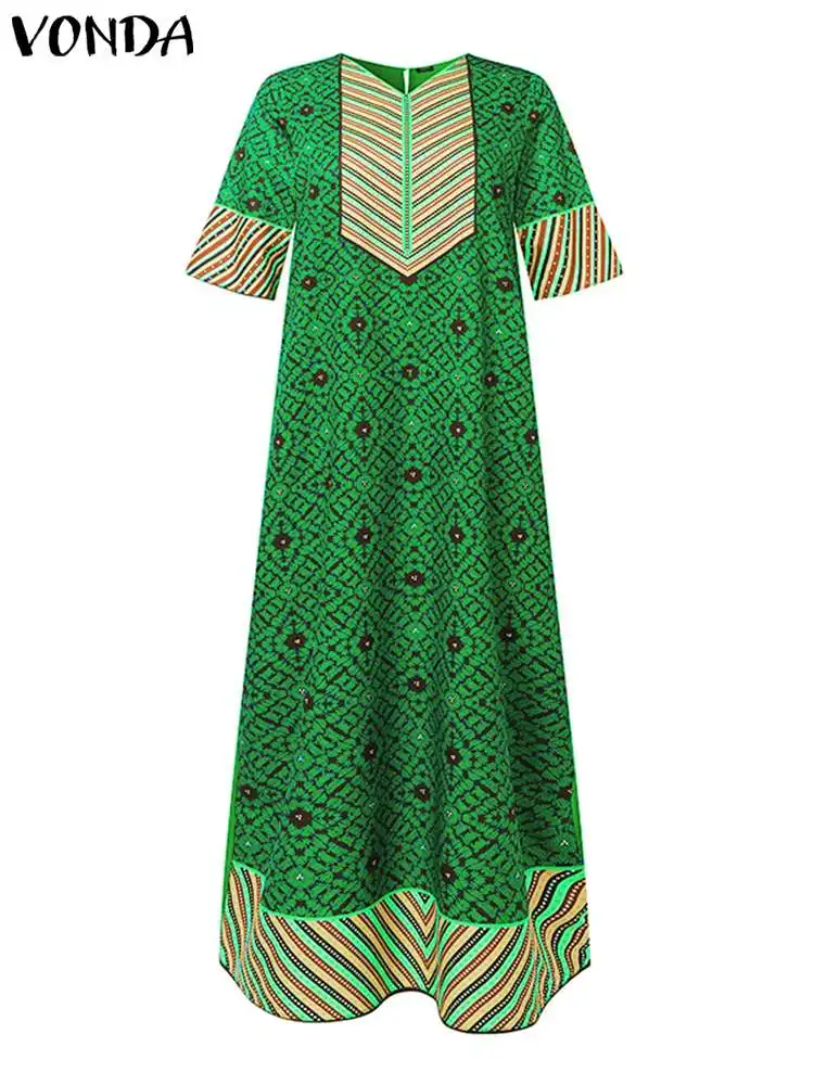 Plus rozmiar 5XL VONDA kobiety długa letnia sukienka Maxi 2024 sukienki Vintage dekolt w szpic artystyczny nadruk Sundress pół rękaw luźny szlafrok