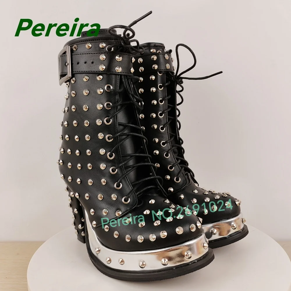Black Studded Platform Ankle Boots Silver Metal Rivets Buckle Strap Lace‑Up Block Heel Gothic Punk Ladies Short Booties Casual