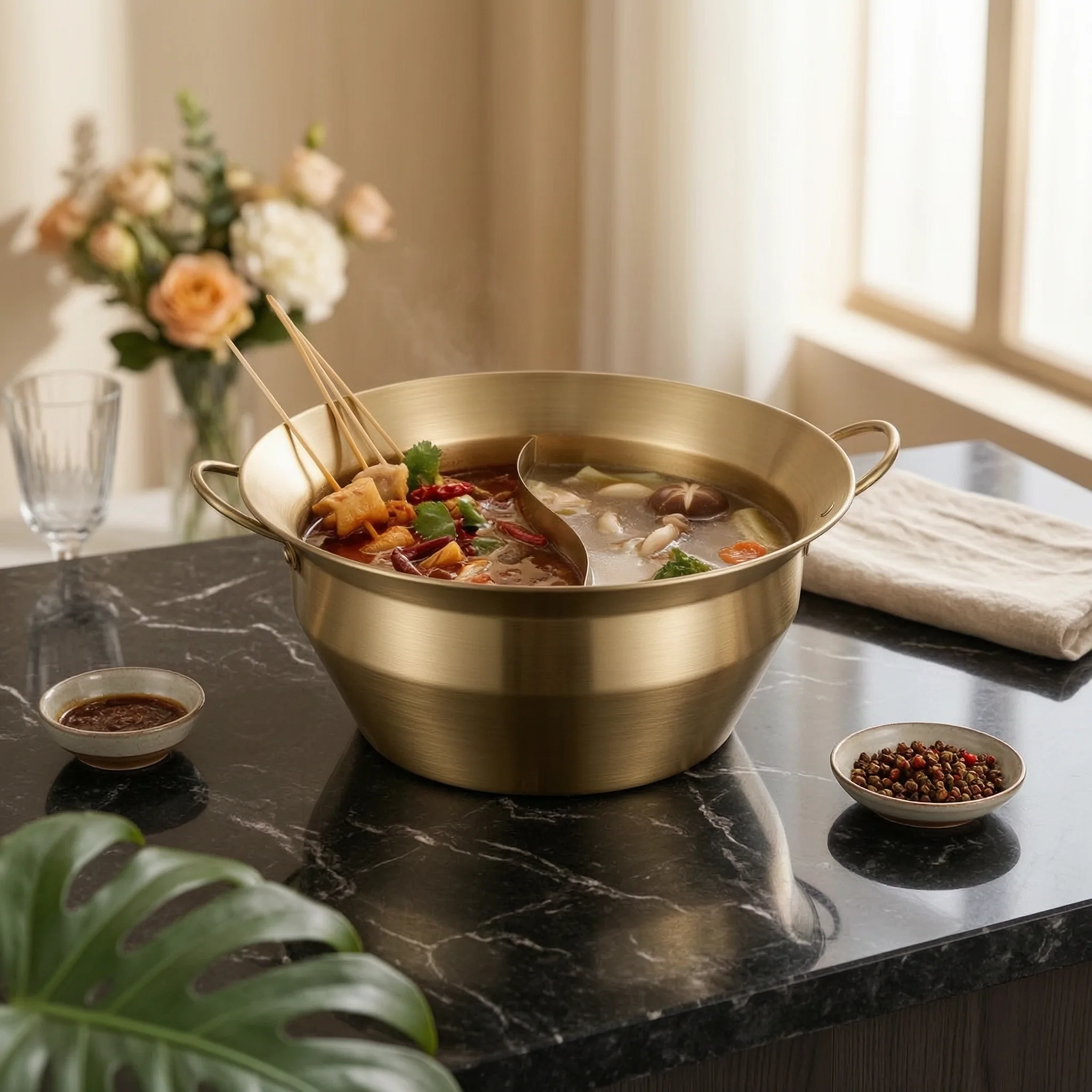 Two-Compartmentflavor Hot Pot Induction-Compatible Hot Pot with Divider Cookware Brushed Warp-Resistant for Families
