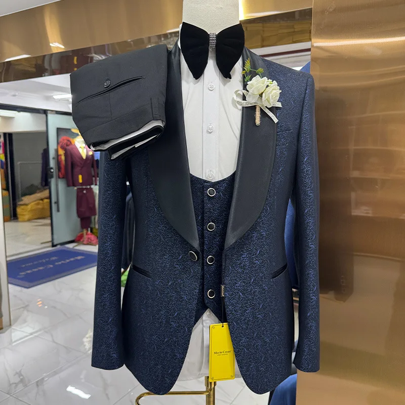 

Trajes para hombre синий жаккардовый свадебный смокинг жениха 3 шт. пиджак жилет брюки официальная вечеринка костюмы для особых случаев для мужчин