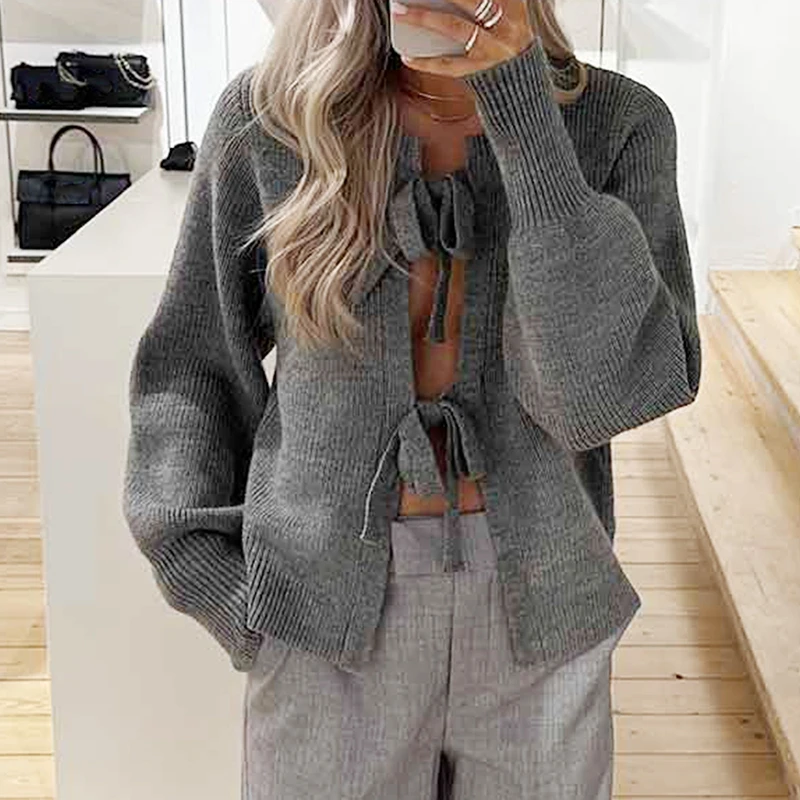 Y2K Kawaii Tie Front Long Sleeve Sweater Coat Autumn Winter Knit Cardigan Women Fashion Loose Fit Knitwear Jackets Streetwear