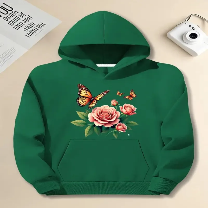 Winter Fall Sweatshirt Plus Size Women Clothes Female Oversize Fashionable Green Floral Butterfly Art Design Breathable Elegant