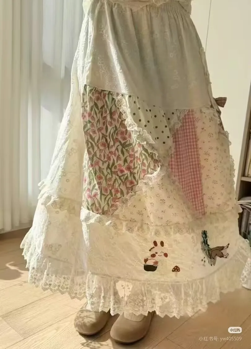 Spring Summer Women Vintage Cottagecore Lace Embroidery Patchwork Long Skirt Retro Chic Mori Girl Sweet Lolita Midi Skirt