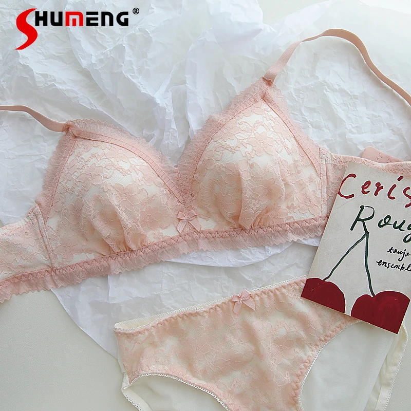 

Push Up Sweet Bra Set for Women French Style Floral Ultra Thin Cup Brief Suits Female Japanese Sexy Lace Wireless Intimates