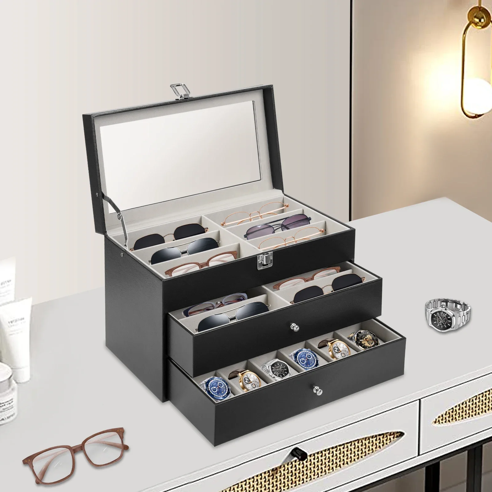 

24-Slot 3 Layers Watch Box, Sunglasses Display Box with Large Glass Lid, Watches Organizer for Stores, Homes, Checkrooms