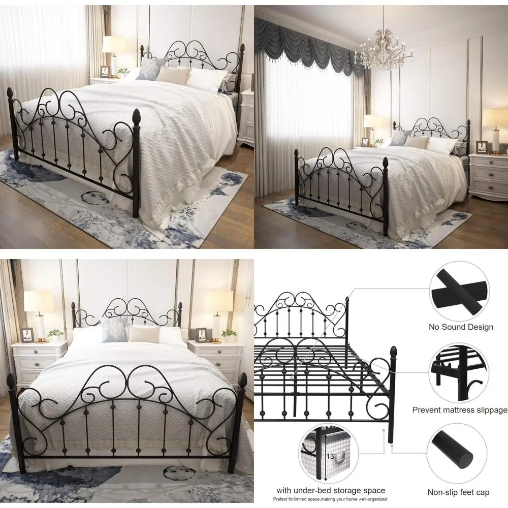 

Vintage Victorian Style Black Queen Metal Bed Frame with Headboard, Footboard, and Mattress Foundation