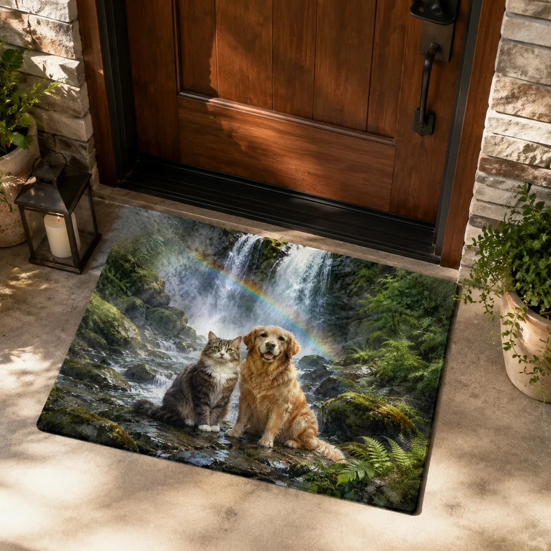 VIKAMA Mountain Forest Waterfall Rainbow Golden Retriever Dog Beaver Flower Cat Home Mat Forest Cute Pet Welcome Door Mat