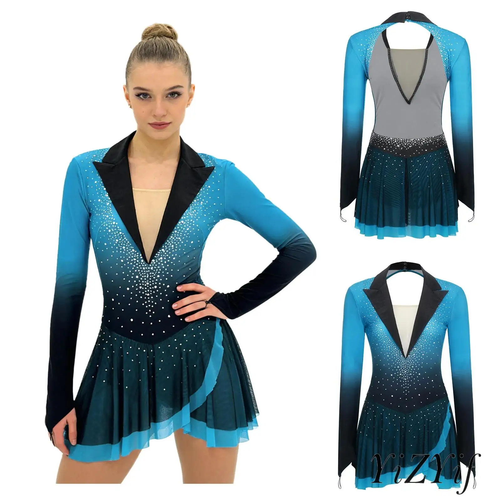

Womens Ice Figure Skating Dancewear Rhinestone Long Sleeve Gymnastics Ballet Dance Dress for Stage Ballroom Dance Performance