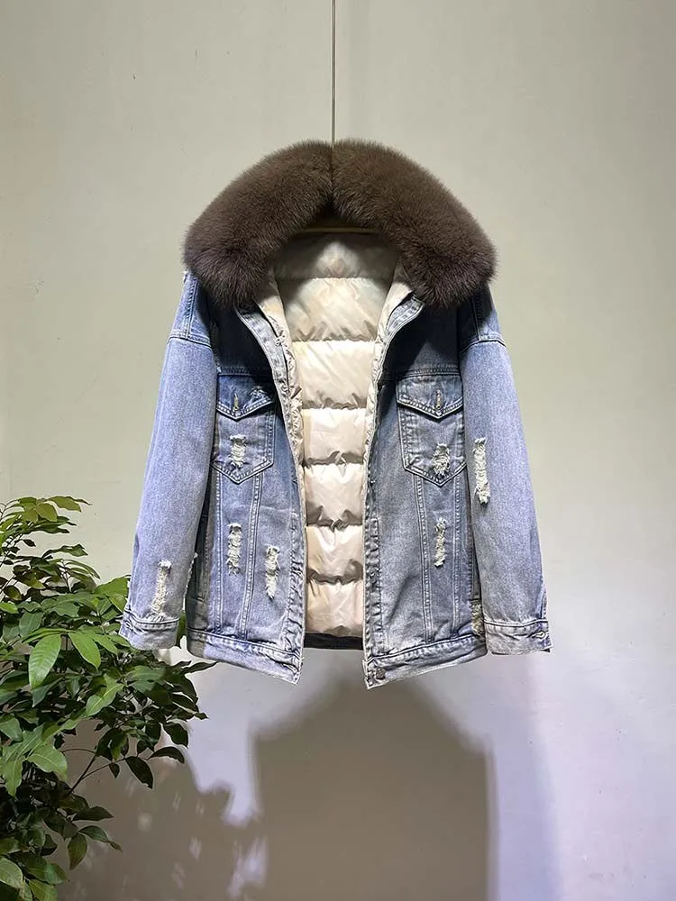 Nouvelles femmes hiver chaud doudoune véritable col de fourrure de renard détachable Denim vers le bas manteau imprimé Patch conceptions coupe-vent vestes bouffantes