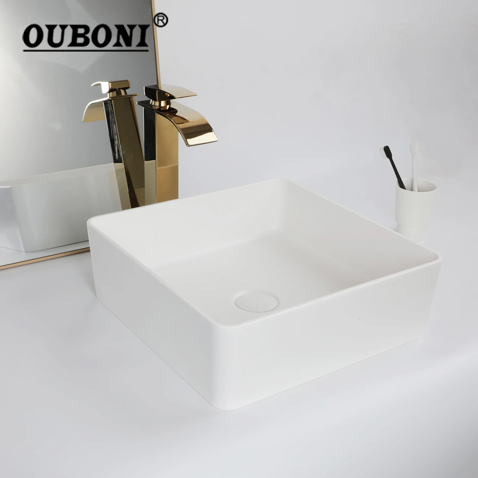 OUBONI Bathroom Basin Set New Models Artificial Stone Multiple Options With Golden Faucet And Drain Hot Cold Water Mixer Taps