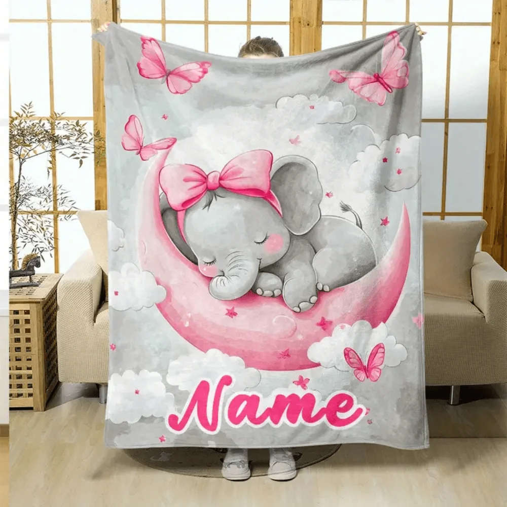 Personalized Custom Name/Text Cute Elephant Pattern Flannel Blanket, Soft and Comfortable,Suitable for Office, Home,Holiday Gift