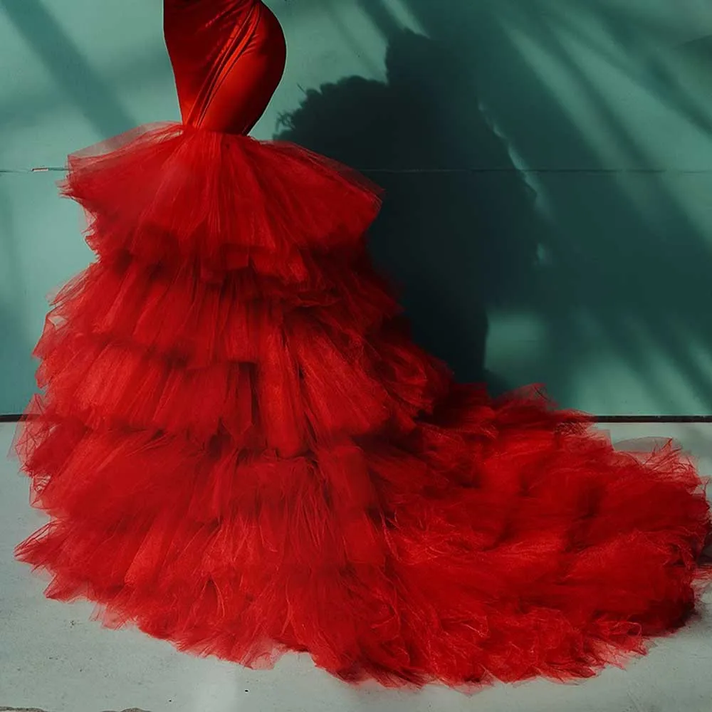 

Red Fluffy Mermaid Skirt for Women Formal Party Skirts High Waist Stretch Layers Tulle Prom Skirt Evening Wear Wedding Overskirt