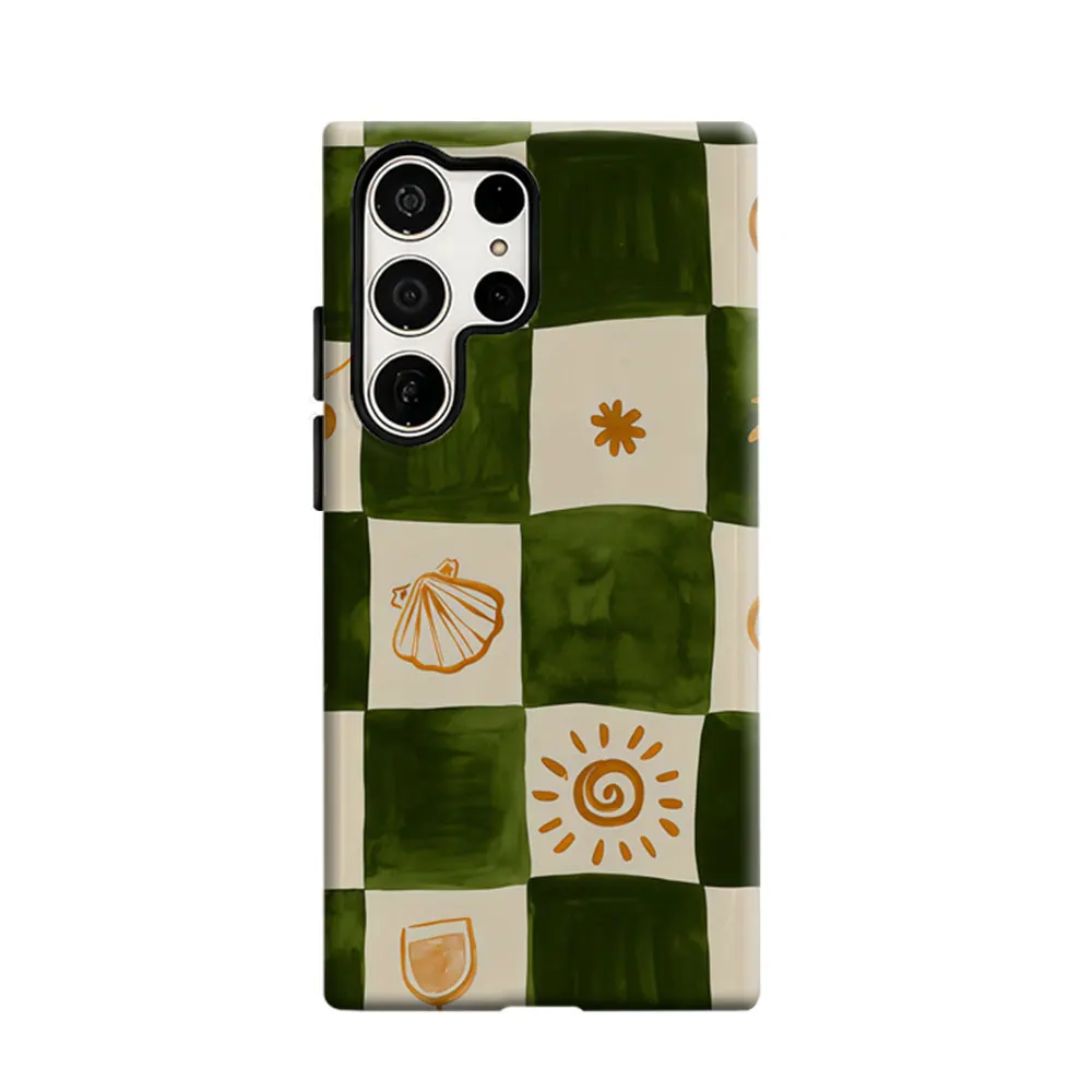 CaseLumi Phone Case For Samsung Galaxy S25 S24 S23 Ultra Plus HD Hard Green & Orange Check Double Layer Cover Film Shell