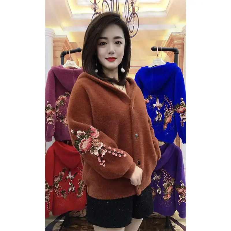 Autumn Winter New Imitation Mink Velvet Women Hooded Embroidered Wool Thick Coat Loose Casual Fashion Knitted Sweater U862