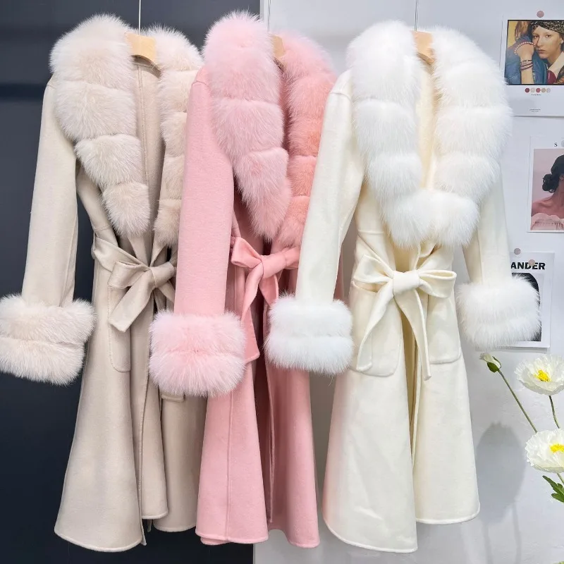 2024 Long Wool Blended Winter Jacket Women Real Fur Coat Natural Fox Fur Collar Cuffs Female Warm Thick Outerwear Streetwear