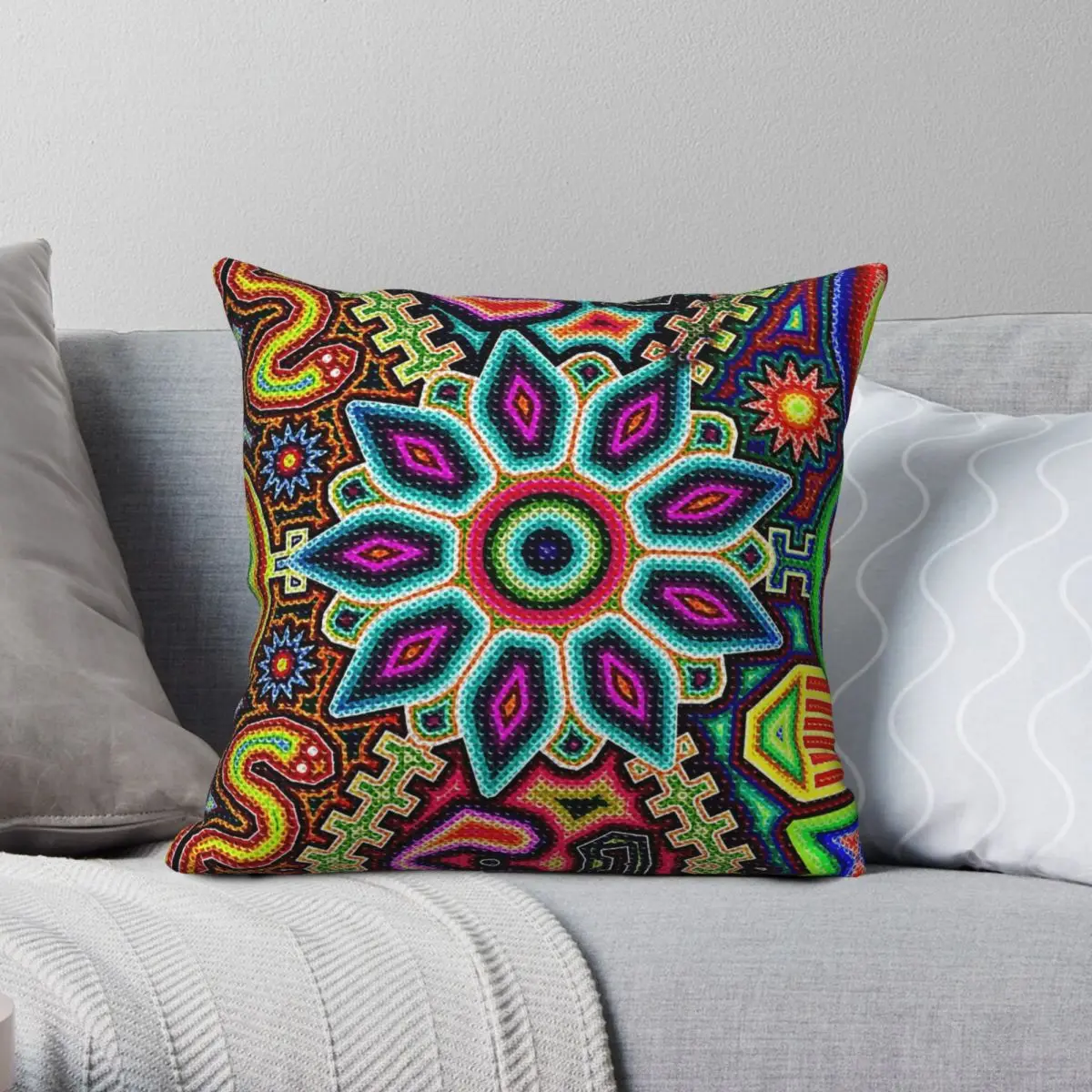 Huichol Art Mexico Square Pillowcase Polyester Linen Velvet Creative Zip Decorative Throw Pillow Case Sofa Cushion Case