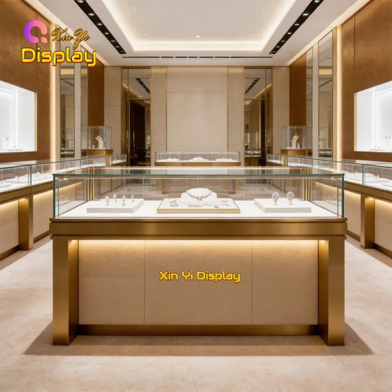custom.Luxury Modern Jewelry Showcase Heavy Duty Thick Brushed Frame Panel Base Eco-Friendly Warm LED Lighting Alumin