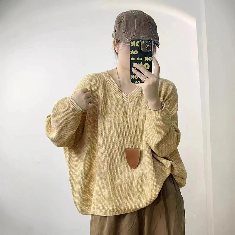 Masss Wasss 2025 hiver coréen chandails femmes Vintage décontracté classique col en v pulls dames solide ample élégant coton pull