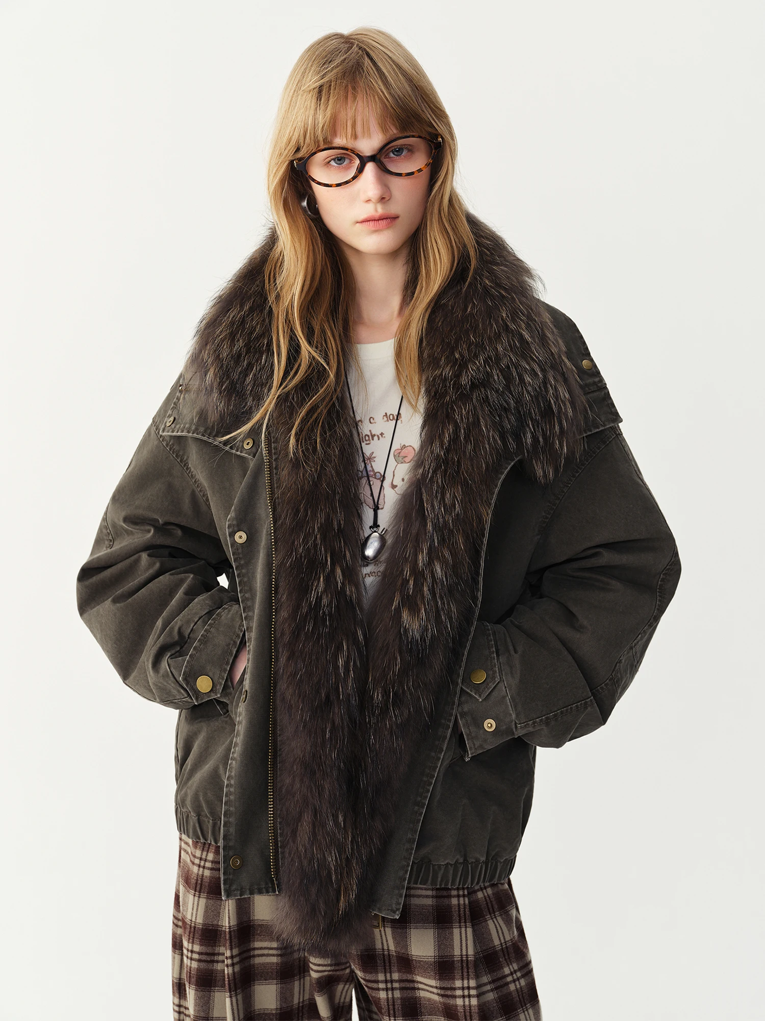 FSLE 2026 Winter Women Raccoon Fur Collar Down Parka Jacket Retro Hooded Thick Warm Windproof Vintage Street Outerwear Coat