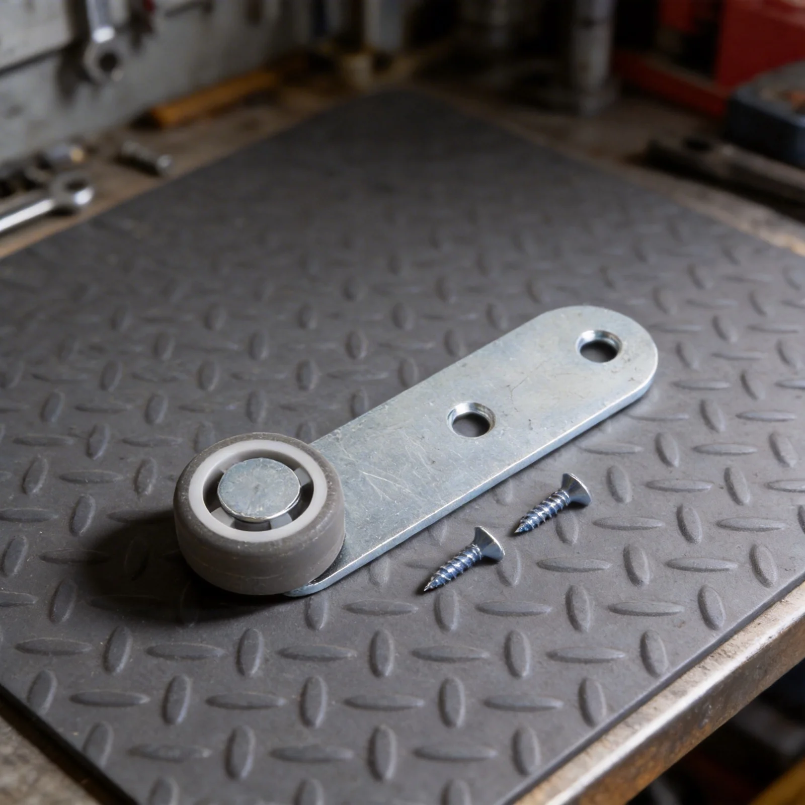 Directional Support Wheel for Wooden Doors Featuring Side Mounted Configuration and Low Friction Rubber Rollers