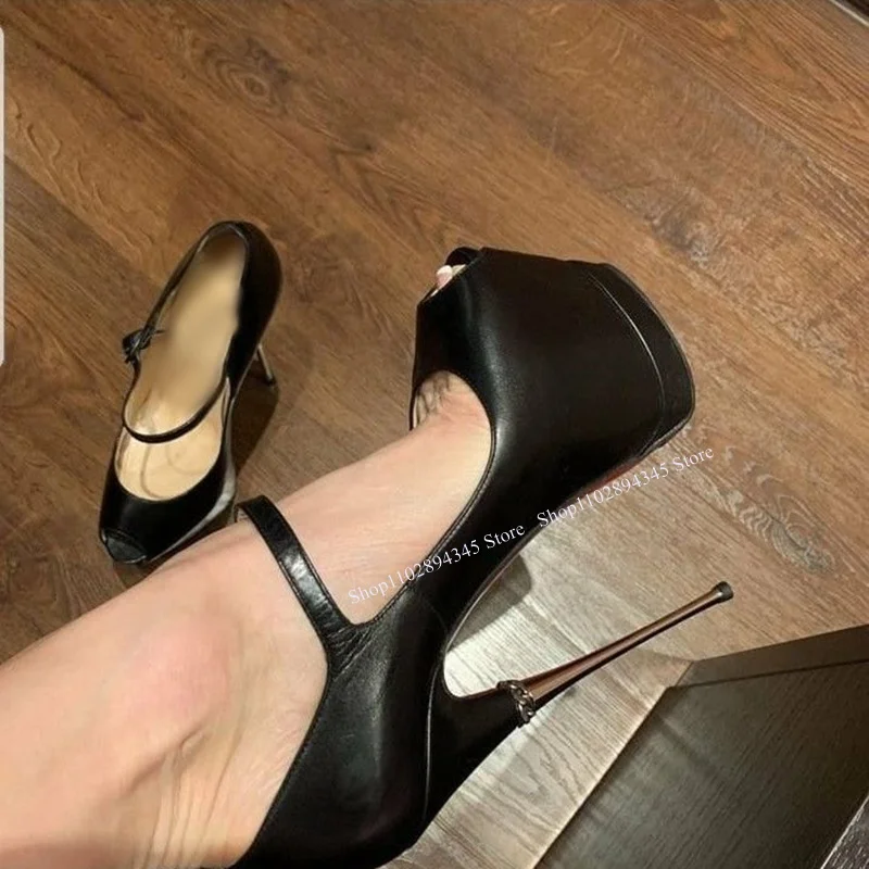 

Black Buckle Matte Leather Pumps Thin High Heel Peep Toe Fashionable Sexy 2024 Summer Big Size Woman Shoes Zapatillas Mujer