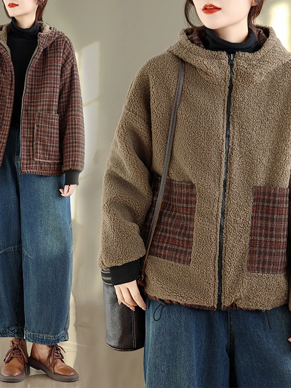 2025 Winter New Plaid Design Double-Sided Wear Fce-Lined Thiened Casual Versatile Anti-Aging Slimming Hooded Cotton Ja...