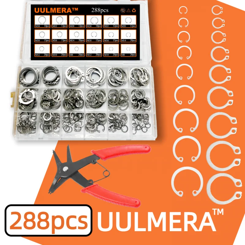 UULMERA 288PCS 304 SS Internal External Snap Ring Kit Shaft Hole Circlip Retaining Rings With Circlip Pliers Heavy Duty Tool Set